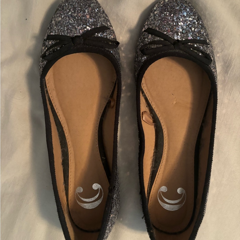 Silver glitter with black trim and bows, ballet flats